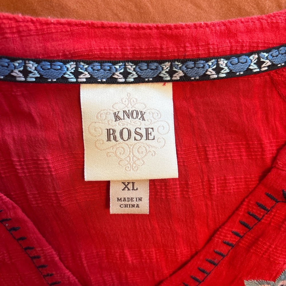 Knox Rose XL Red Embroidered Boho Peasant Dress Cotton Flutter Sleeve - Picture 3 of 4